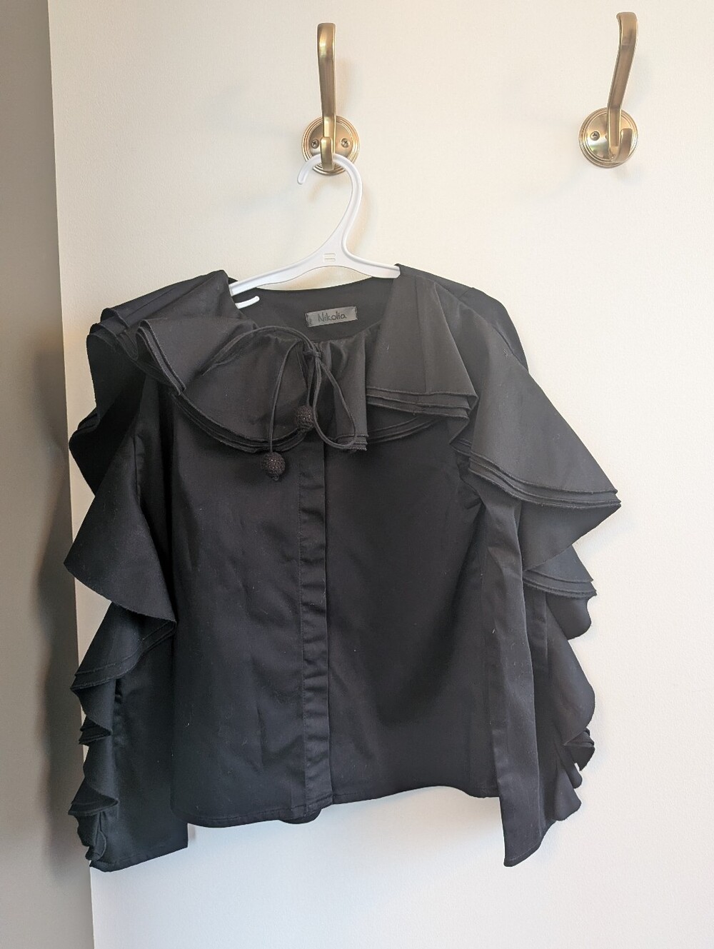 Nikolia Black Ruffled Long-Sleeve Top with Ruffle Collar